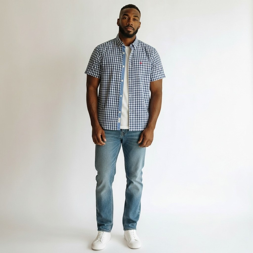 Tommy Bahama Jeans Mens Large Blue Gingham Check Short Sleeve Button Down Shirt